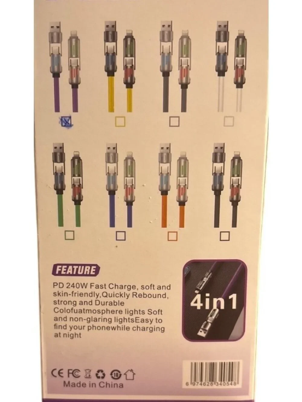 Fast Charging With LED Lights 4-In-1 USB-A To Fast Speed Type-C Cable 240W